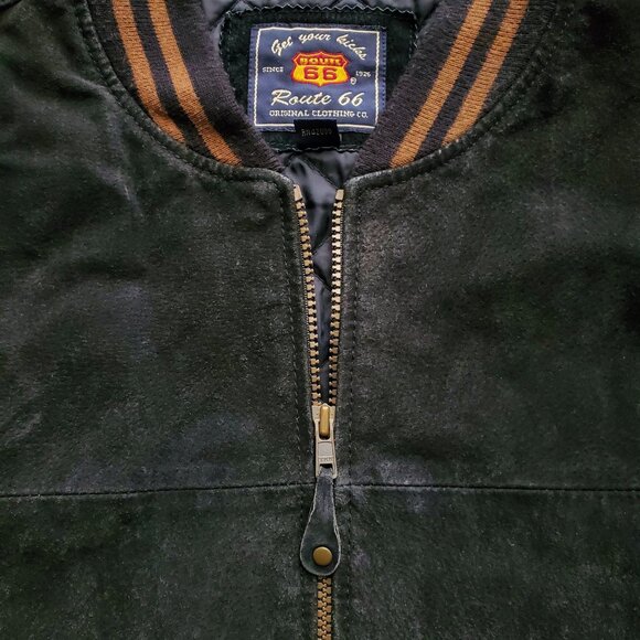 Route 66 Vintage Y2K 90s Suede Genuine Leather Varsity Bomber Jacket Black Tan L - Picture 5 of 16